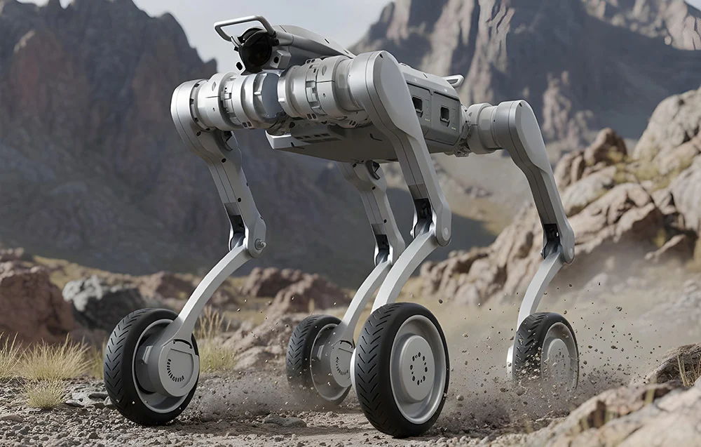 Unitree A2-W Pro na skalistym terenie – przemysłowa mechanika i stabilność ruchu w wymagającym środowisku.